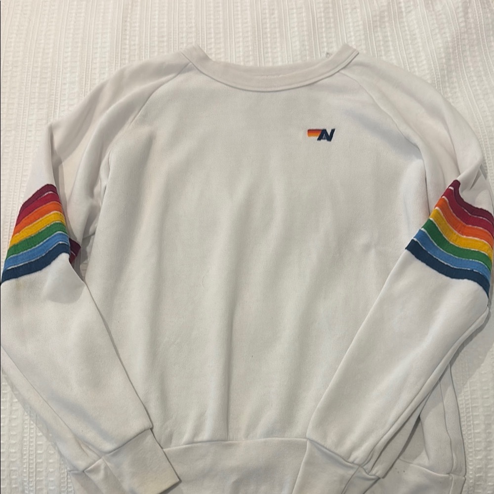 Aviator Nation White Crewneck with Rainbow Stripes
